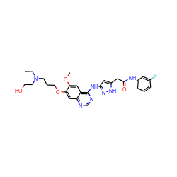 CCN(CCO)CCCOc1cc2ncnc(Nc3cc(CC(=O)Nc4cccc(F)c4)[nH]n3)c2cc1OC ZINC000034803020