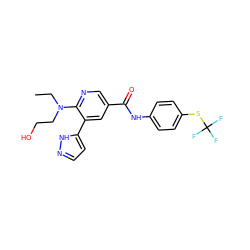 CCN(CCO)c1ncc(C(=O)Nc2ccc(SC(F)(F)F)cc2)cc1-c1ccn[nH]1 ZINC000224345634