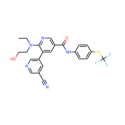 CCN(CCO)c1ncc(C(=O)Nc2ccc(SC(F)(F)F)cc2)cc1-c1cncc(C#N)c1 ZINC001772634387