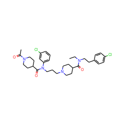 CCN(CCc1ccc(Cl)cc1)C(=O)C1CCN(CCCN(C(=O)C2CCN(C(C)=O)CC2)c2cccc(Cl)c2)CC1 ZINC000103234264