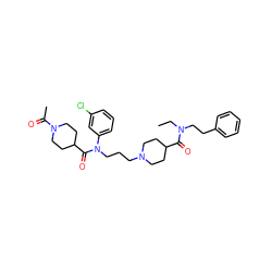 CCN(CCc1ccccc1)C(=O)C1CCN(CCCN(C(=O)C2CCN(C(C)=O)CC2)c2cccc(Cl)c2)CC1 ZINC000103234259