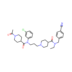 CCN(Cc1ccc(C#N)cc1)C(=O)C1CCN(CCCN(C(=O)C2CCN(C(C)=O)CC2)c2cccc(Cl)c2)CC1 ZINC000103234229