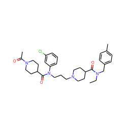 CCN(Cc1ccc(C)cc1)C(=O)C1CCN(CCCN(C(=O)C2CCN(C(C)=O)CC2)c2cccc(Cl)c2)CC1 ZINC000103234223