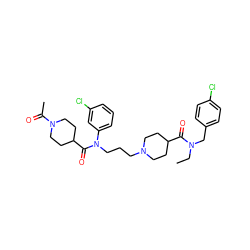 CCN(Cc1ccc(Cl)cc1)C(=O)C1CCN(CCCN(C(=O)C2CCN(C(C)=O)CC2)c2cccc(Cl)c2)CC1 ZINC000103234227