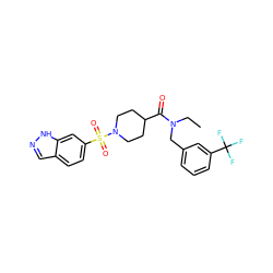 CCN(Cc1cccc(C(F)(F)F)c1)C(=O)C1CCN(S(=O)(=O)c2ccc3cn[nH]c3c2)CC1 ZINC000204962092