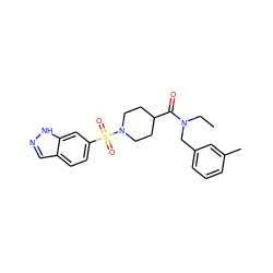 CCN(Cc1cccc(C)c1)C(=O)C1CCN(S(=O)(=O)c2ccc3cn[nH]c3c2)CC1 ZINC000204962042