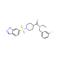 CCN(Cc1cccc(F)c1)C(=O)C1CCN(S(=O)(=O)c2ccc3cn[nH]c3c2)CC1 ZINC000204960898