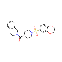 CCN(Cc1ccccc1)C(=O)C1CCN(S(=O)(=O)c2ccc3c(c2)OCCO3)CC1 ZINC000012911209