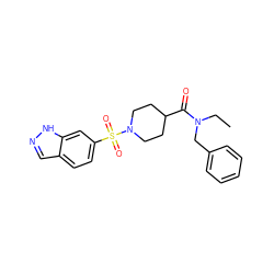 CCN(Cc1ccccc1)C(=O)C1CCN(S(=O)(=O)c2ccc3cn[nH]c3c2)CC1 ZINC000204960553