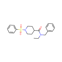 CCN(Cc1ccccc1)C(=O)C1CCN(S(=O)(=O)c2ccccc2)CC1 ZINC000015083561