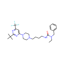 CCN(Cc1ccccc1)C(=O)NCCCCN1CCN(c2cc(C(F)(F)F)nc(C(C)(C)C)n2)CC1 ZINC000036089320