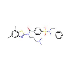 CCN(Cc1ccccc1)S(=O)(=O)c1ccc(C(=O)N(CCCN(C)C)c2nc3cc(C)cc(C)c3s2)cc1 ZINC000038139109