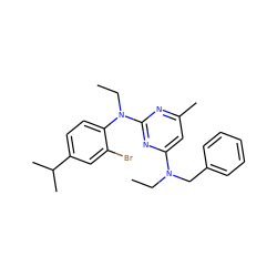 CCN(Cc1ccccc1)c1cc(C)nc(N(CC)c2ccc(C(C)C)cc2Br)n1 ZINC000013794448