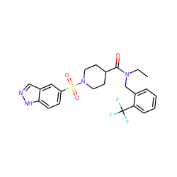 CCN(Cc1ccccc1C(F)(F)F)C(=O)C1CCN(S(=O)(=O)c2ccc3[nH]ncc3c2)CC1 ZINC000204961911