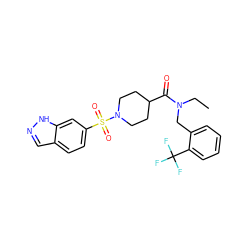 CCN(Cc1ccccc1C(F)(F)F)C(=O)C1CCN(S(=O)(=O)c2ccc3cn[nH]c3c2)CC1 ZINC000204961467