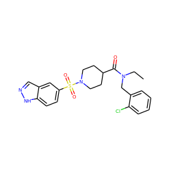 CCN(Cc1ccccc1Cl)C(=O)C1CCN(S(=O)(=O)c2ccc3[nH]ncc3c2)CC1 ZINC000204962931