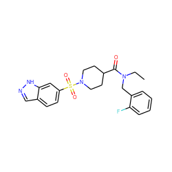 CCN(Cc1ccccc1F)C(=O)C1CCN(S(=O)(=O)c2ccc3cn[nH]c3c2)CC1 ZINC000204961437