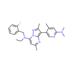 CCN(Cc1ccccc1F)c1cc(C)nc2c(-c3cnc(N(C)C)cc3C)c(C)nn12 ZINC000013583169