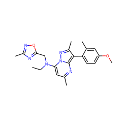 CCN(Cc1nc(C)no1)c1cc(C)nc2c(-c3ccc(OC)cc3C)c(C)nn12 ZINC000035878845