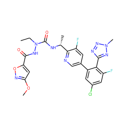 CCN(NC(=O)c1cc(OC)no1)C(=O)N[C@H](C)c1ncc(-c2cc(Cl)cc(F)c2-c2nnn(C)n2)cc1F ZINC000049767782