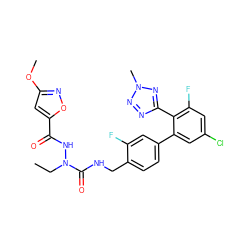 CCN(NC(=O)c1cc(OC)no1)C(=O)NCc1ccc(-c2cc(Cl)cc(F)c2-c2nnn(C)n2)cc1F ZINC000049771583