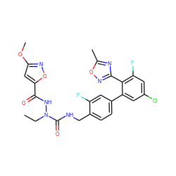 CCN(NC(=O)c1cc(OC)no1)C(=O)NCc1ccc(-c2cc(Cl)cc(F)c2-c2noc(C)n2)cc1F ZINC000049746287