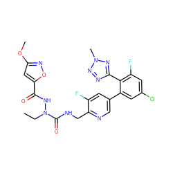 CCN(NC(=O)c1cc(OC)no1)C(=O)NCc1ncc(-c2cc(Cl)cc(F)c2-c2nnn(C)n2)cc1F ZINC000049763085