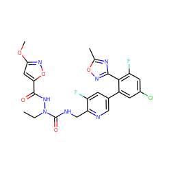 CCN(NC(=O)c1cc(OC)no1)C(=O)NCc1ncc(-c2cc(Cl)cc(F)c2-c2noc(C)n2)cc1F ZINC000049746289