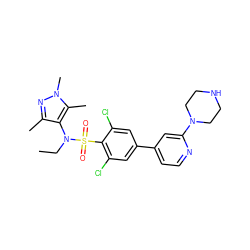 CCN(c1c(C)nn(C)c1C)S(=O)(=O)c1c(Cl)cc(-c2ccnc(N3CCNCC3)c2)cc1Cl ZINC000199943677