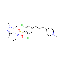 CCN(c1c(C)nn(C)c1C)S(=O)(=O)c1c(Cl)cc(CCCC2CCN(C)CC2)cc1Cl ZINC000199940627