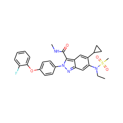 CCN(c1cc2nn(-c3ccc(Oc4ccccc4F)cc3)c(C(=O)NC)c2cc1C1CC1)S(C)(=O)=O ZINC000096174168