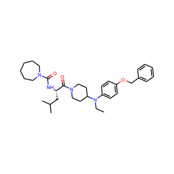 CCN(c1ccc(OCc2ccccc2)cc1)C1CCN(C(=O)[C@H](CC(C)C)NC(=O)N2CCCCCC2)CC1 ZINC000027430293