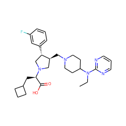 CCN(c1ncccn1)C1CCN(C[C@H]2CN([C@H](CC3CCC3)C(=O)O)C[C@@H]2c2cccc(F)c2)CC1 ZINC000013487347