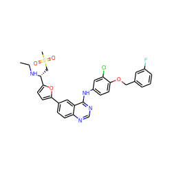 CCN[C@H](CS(C)(=O)=O)c1ccc(-c2ccc3ncnc(Nc4ccc(OCc5cccc(F)c5)c(Cl)c4)c3c2)o1 ZINC000115942713