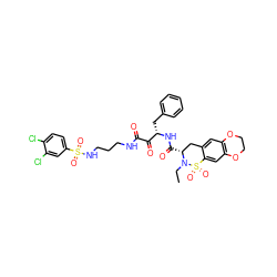 CCN1[C@H](C(=O)N[C@@H](Cc2ccccc2)C(=O)C(=O)NCCCNS(=O)(=O)c2ccc(Cl)c(Cl)c2)Cc2cc3c(cc2S1(=O)=O)OCCO3 ZINC000095546403