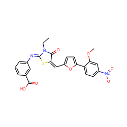 CCN1C(=O)/C(=C\c2ccc(-c3ccc([N+](=O)[O-])cc3OC)o2)S/C1=N\c1cccc(C(=O)O)c1 ZINC000018080850