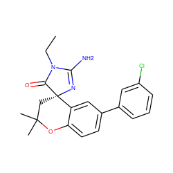 CCN1C(=O)[C@@]2(CC(C)(C)Oc3ccc(-c4cccc(Cl)c4)cc32)N=C1N ZINC000095605793