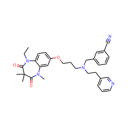 CCN1C(=O)C(C)(C)C(=O)N(C)c2cc(OCCCN(CCc3cccnc3)Cc3cccc(C#N)c3)ccc21 ZINC000139557008