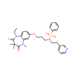 CCN1C(=O)C(C)(C)C(=O)N(C)c2cc(OCCCN(CCc3cccnc3)S(=O)(=O)c3ccccc3)ccc21 ZINC000139601750