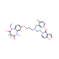 CCN1C(=O)C(C)(C)C(=O)N(C)c2cc(OCCCN(CCn3ccc4occc4c3=O)Cc3cnccc3C)ccc21 ZINC000139592984