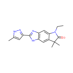 CCN1C(=O)C(C)(C)c2cc3[nH]c(-c4cc(C)[nH]n4)nc3cc21 ZINC000040395743