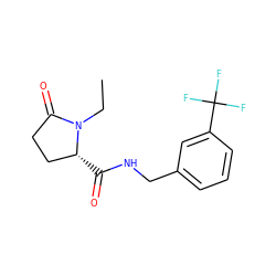 CCN1C(=O)CC[C@H]1C(=O)NCc1cccc(C(F)(F)F)c1 ZINC000058650332