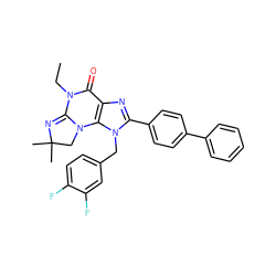 CCN1C(=O)c2nc(-c3ccc(-c4ccccc4)cc3)n(Cc3ccc(F)c(F)c3)c2N2CC(C)(C)N=C12 ZINC000073161961