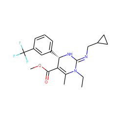 CCN1C(C)=C(C(=O)OC)[C@H](c2cccc(C(F)(F)F)c2)N/C1=N\CC1CC1 ZINC000015937394