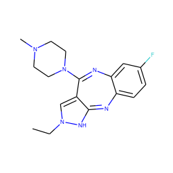 CCN1C=C2C(=Nc3ccc(F)cc3N=C2N2CCN(C)CC2)N1 ZINC000039336835