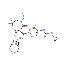 CCN1CC(C)(C)Oc2nc(N3[C@H]4CC[C@H]3COC4)nc(-c3ccc(NC(=O)NC4CC4)c(F)c3)c2C1=O ZINC000205337294