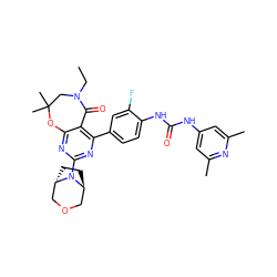 CCN1CC(C)(C)Oc2nc(N3[C@H]4CC[C@H]3COC4)nc(-c3ccc(NC(=O)Nc4cc(C)nc(C)c4)c(F)c3)c2C1=O ZINC000205324990