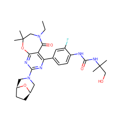 CCN1CC(C)(C)Oc2nc(N3C[C@@H]4CC[C@H](C3)O4)nc(-c3ccc(NC(=O)NC(C)(C)CO)c(F)c3)c2C1=O ZINC000225315039