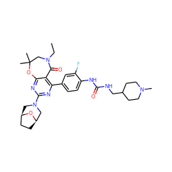 CCN1CC(C)(C)Oc2nc(N3C[C@@H]4CC[C@H](C3)O4)nc(-c3ccc(NC(=O)NCC4CCN(C)CC4)c(F)c3)c2C1=O ZINC000225303676