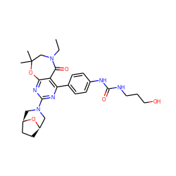 CCN1CC(C)(C)Oc2nc(N3C[C@@H]4CC[C@H](C3)O4)nc(-c3ccc(NC(=O)NCCCO)cc3)c2C1=O ZINC000225311724